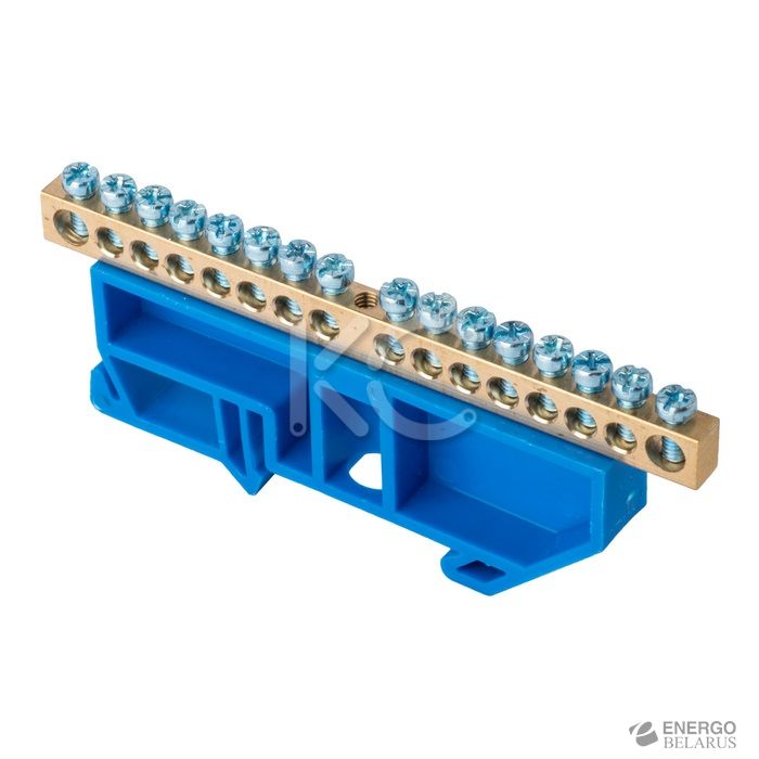 Шина 0 N (6х9мм) 16 отверстий латунь синий изолятор на DIN-рейку КС