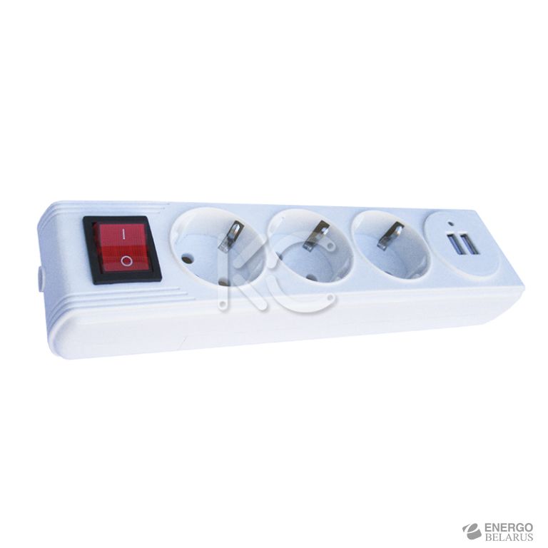 Колодка 3-гн 16А c выключателем с/з с 2 USB 2,1А Дабрабыт КС