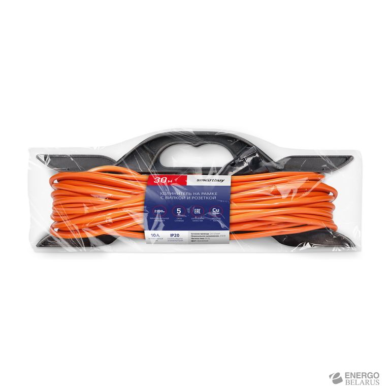 Удлинитель на рамке 30 м. оранж. с вилкой и розеткой 2х1,0 мм IP20, Smartbuy
