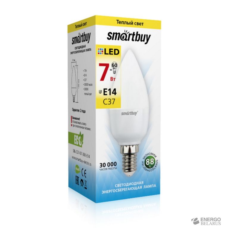Лампа светодиодная (LED) Smartbuy-C37-07W/3000/E14/