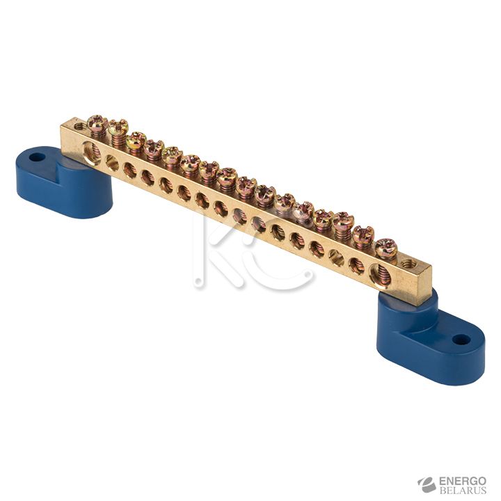 Шина 0 N (6х9мм) 16 отверстий латунь 2 синих угловых изолятора КС