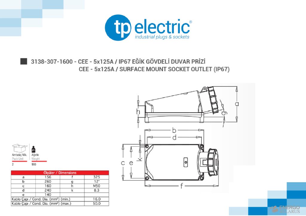 Розетка стационарная настенная (3P+N+PE) IP67 5x125A 3138-307-1600