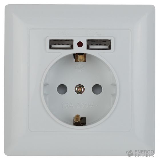 4-410-01 Intro Розетка P+E Schuko со шторками, 16А-250В + 2хUSB, СУ, Solo, белый
