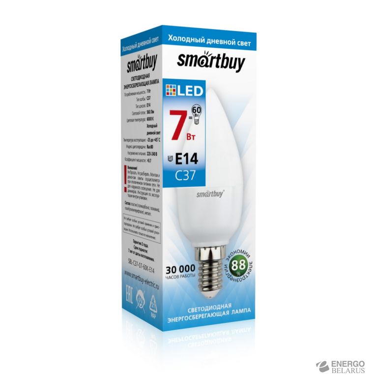 Лампа светодиодная (LED) Smartbuy-C37-07W/6000/E14/