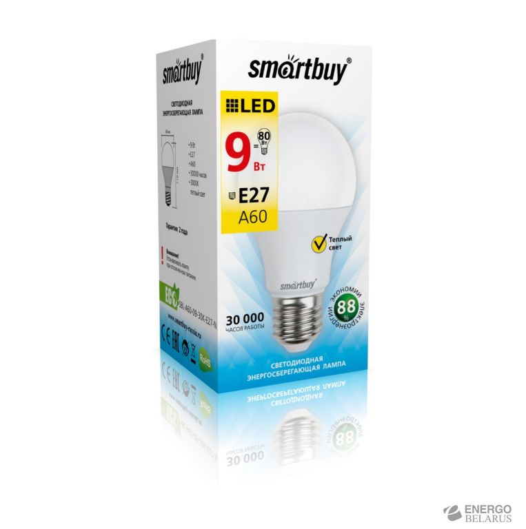 Лампа светодиодная (LED) Smartbuy-A60-09W/3000/E27-А
