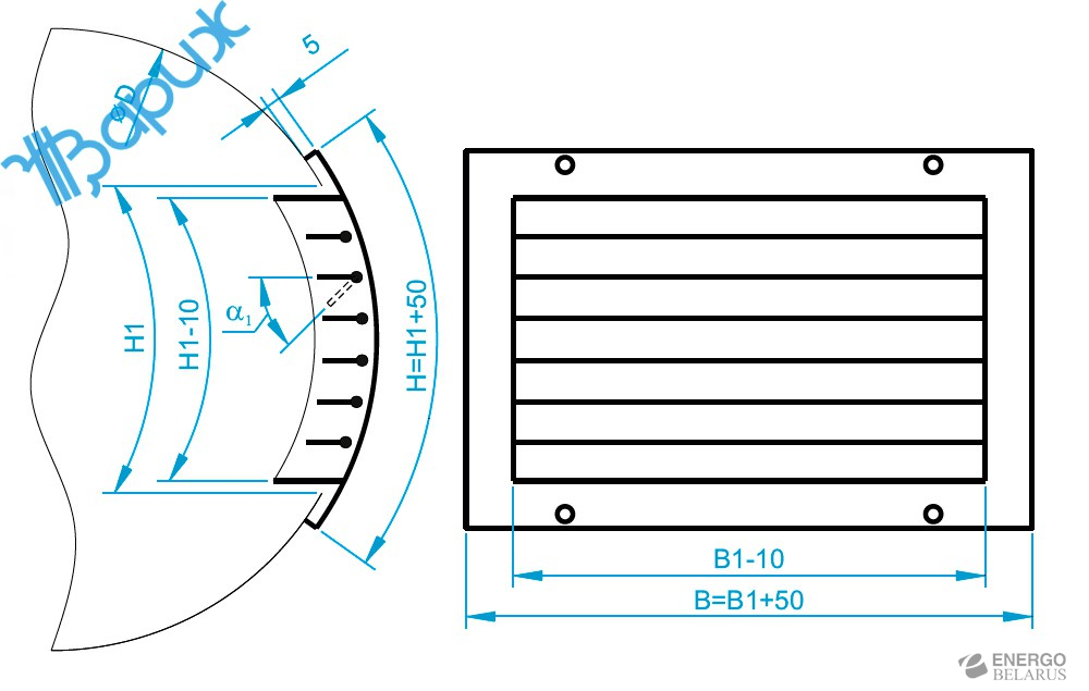 Решетка для круглых воздуховодов РС7-Б2 из стали с одним рядом горизонтальных жалюзи с клапаном расхода воздуха Б2