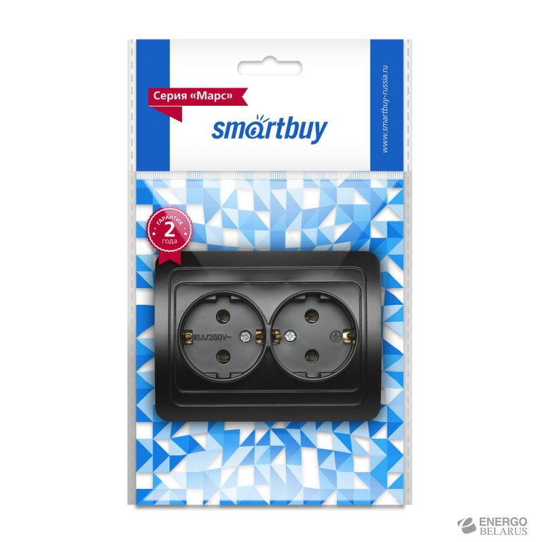 Розетка 2-местная с заземлением 16А черная, "Марс", Smartbuy