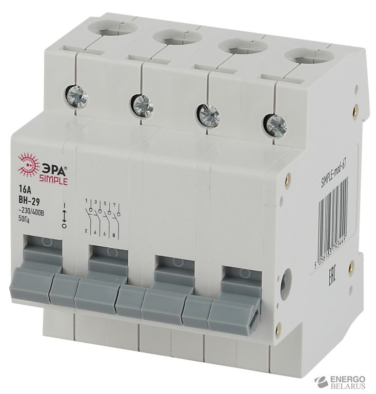 SIMPLE-mod-68 ЭРА SIMPLE Выключатель нагрузки 4P 25А ВН-29 (3/45/900)