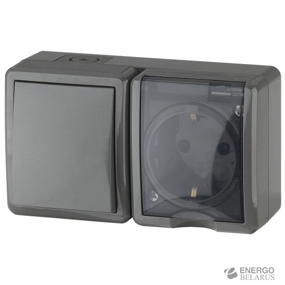 11-7401-03 ЭРА Блок розетка+выключатель IP54, 16A(10AX)-250В, ОУ, Эра Эксперт, серый