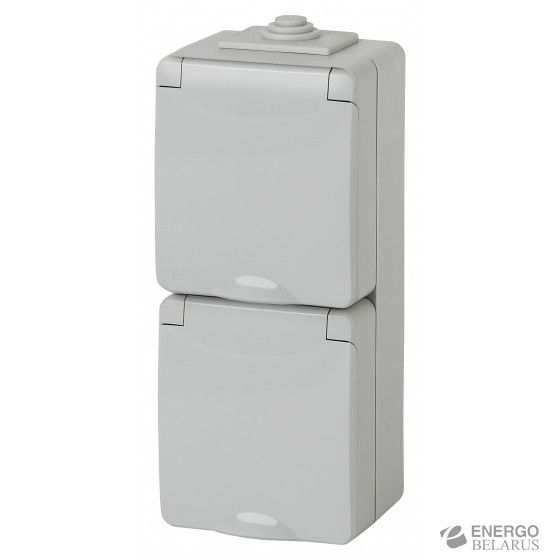 11-2607-03 ЭРА Розетка 2х2P+E верт. IP65, 16A-250В, ОУ, серый