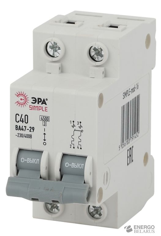 SIMPLE-mod-11 ЭРА SIMPLE Автоматический выключатель 2P 10А (C) 4,5кА ВА 47-29 (6/90/1800)