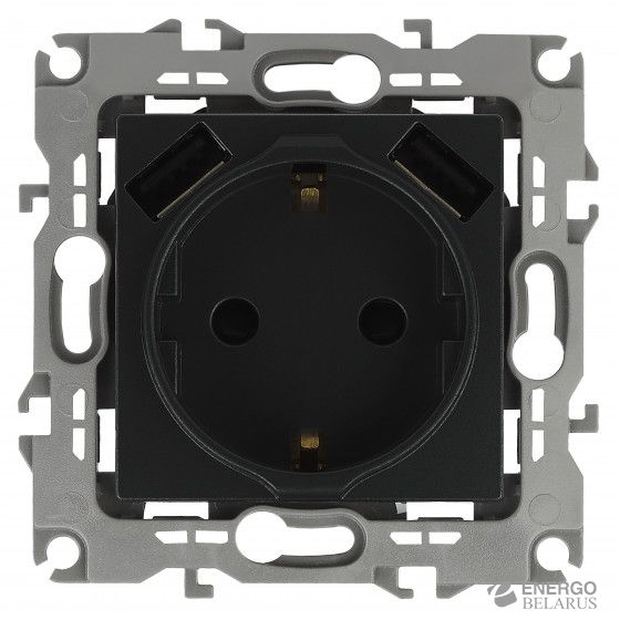 14-4109-05 ЭРА Розетка 2P+E 16A-250В, штор. с 2xUSB 5В-3А, Эра Elegance, антрацит