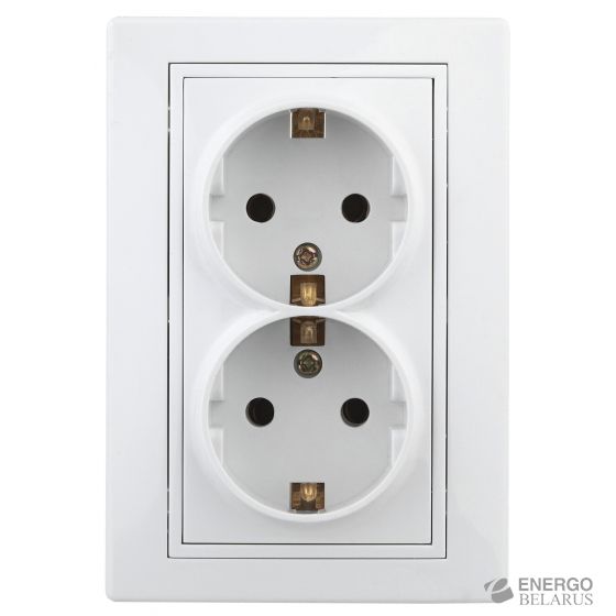 Розетка Intro Plano 1-208-01 с заземлением двойная 2X2P+E Schuko со шторками, 16А-250В, IP20, СУ, белый