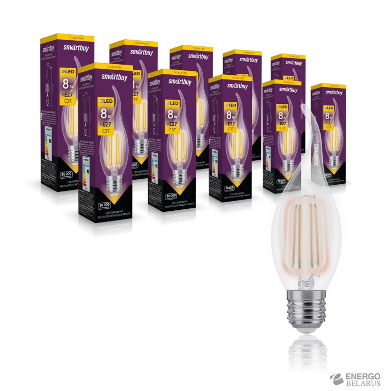 Лампа светодиодная (LED) свеча на ветру FIL C37-8W/3000/E27, Smartbuy