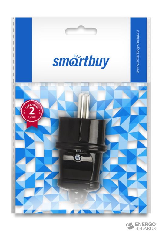 Вилка Smartbuy, прямая с заземлением черная 16А 250В