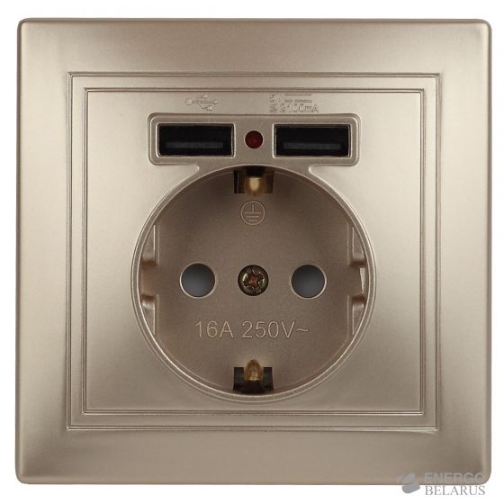 Розетка Intro Plano 1-410-04 с заземлением 2P+E Schuko со шторками, 16А-250В + 2хUSB 5В-2,1А, IP20, СУ, шампань